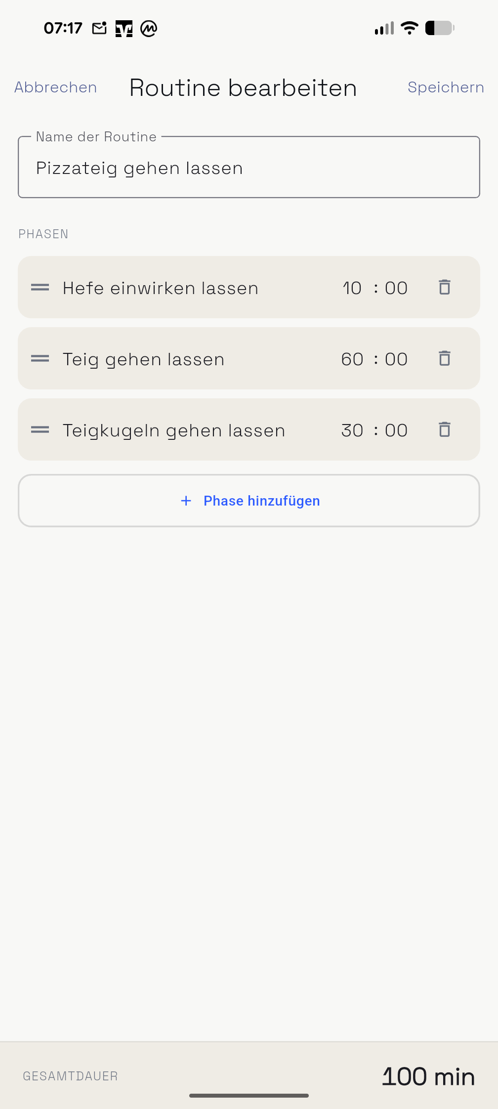 Routine-Editor mit Phasen und Dauern