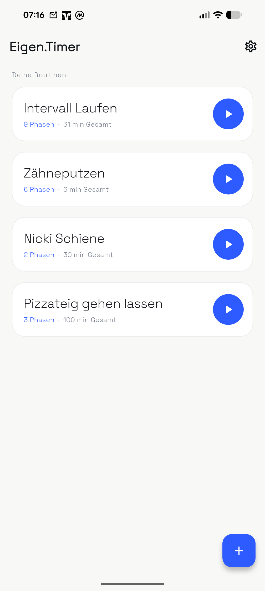 Eigen.Timer Startscreen mit Routine-Übersicht