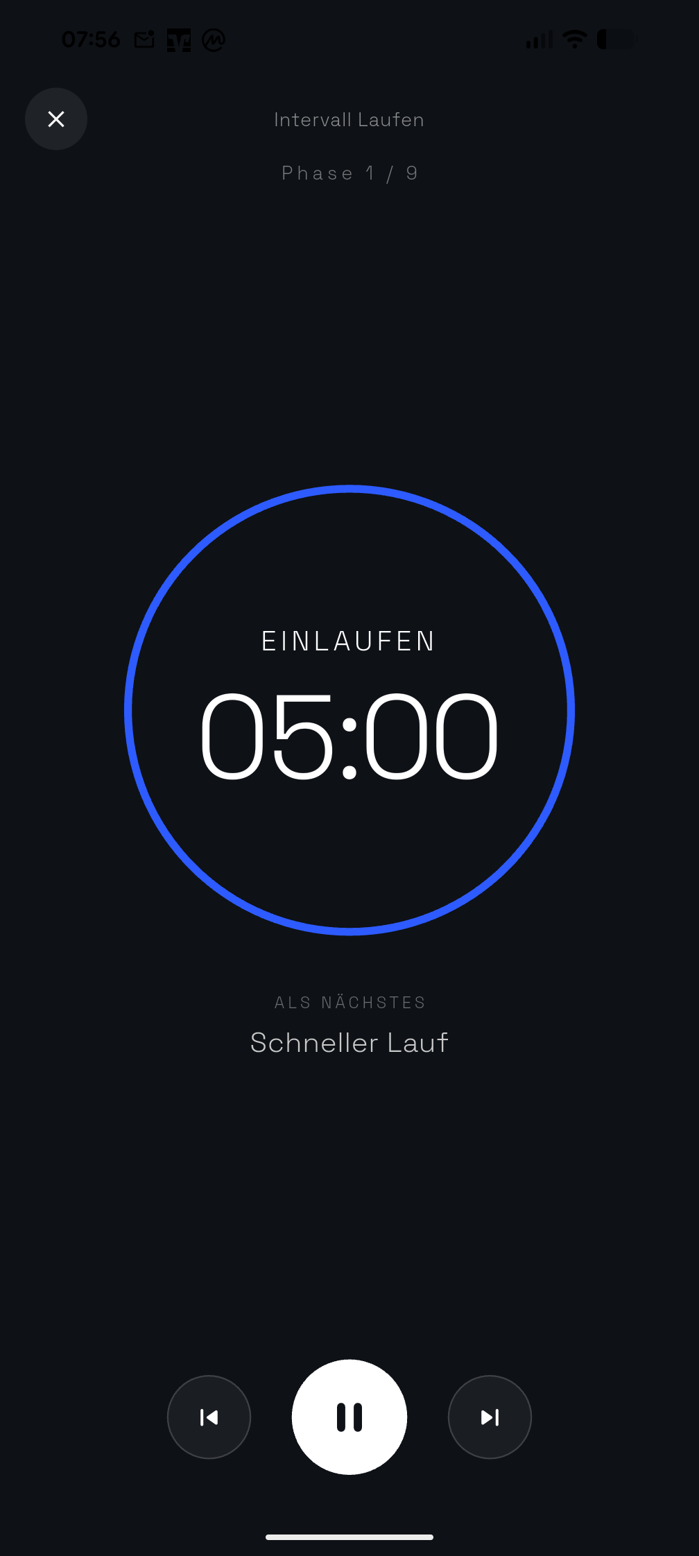 Timer-Ansicht mit aktiver Phase und Restzeit